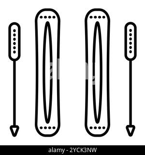 Skischild, zwei Skier und Skistöcke, Symbol der schwarzen Linie. Vektor-Monochrom-Illustration, bearbeitbare Kontur Stock Vektor