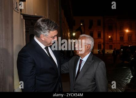 Zagreb, Kroatien. Oktober 2024. Der kroatische Premierminister Andrej Plenkovic empfing am 23. Oktober 2024 den neu gewählten Präsidenten des Europäischen Rates António Costa zu einem offiziellen Besuch in Zagreb, Kroatien. Foto: Josip Regovic/PIXSELL Credit: Pixsell/Alamy Live News Stockfoto