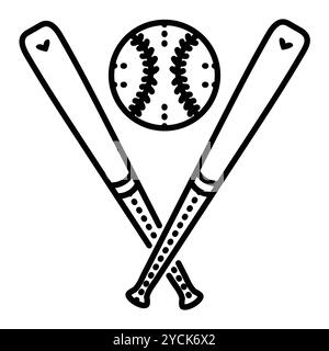 Baseballgegenstände, zwei gekreuzte Schläger und Ball. Vektor-Monochrom-Illustration, Symbol für Sportzubehör, bearbeitbarer Strich Stock Vektor