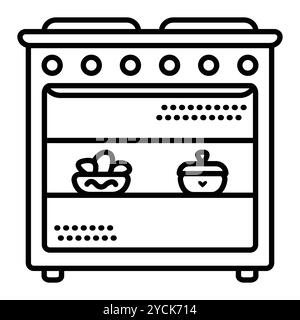 Kritzele von Herd, Ofen mit Essen, das zubereitet wird. Vektor-Monochrom-Illustration, bearbeitbare Kontur Stock Vektor