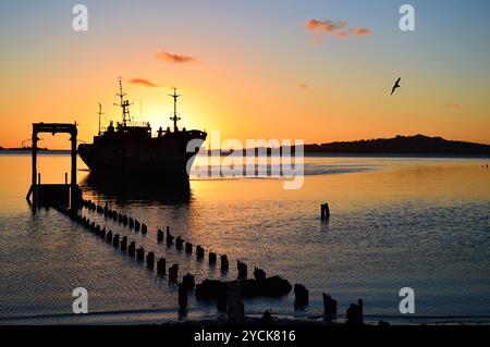 Wunderschöner Sonnenuntergang über einem verlassenen Schiff in einer Bucht neben einem alten Dock mit der Silhouette eines Hügels und einem Vogel im Hintergrund auf der rechten Seite. Stockfoto