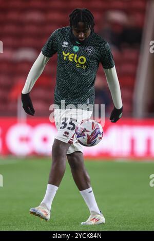 Andre Brooks von Sheffield United im Vorspiel während des Sky Bet Championship Matches Middlesbrough gegen Sheffield United im Riverside Stadium, Middlesbrough, Großbritannien, 23. Oktober 2024 (Foto: Alfie Cosgrove/News Images) Stockfoto