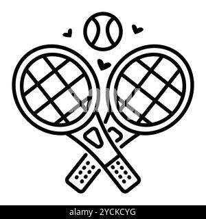 Zwei gekreuzte Tennisschläger und Ball. Vektor-Monochrom-Illustration, Symbol für Sportzubehör, bearbeitbarer Strich Stock Vektor