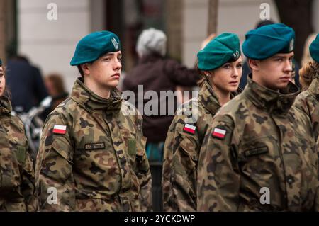 Warschau, Polen – 15. August 2014: Eine Gruppe polnischer Soldaten mit dunkelgrünen Barettbären steht während des Festtags der Streitkräfte still Stockfoto