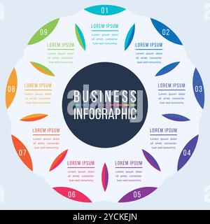 Infografik-Vorlage 9 Schritte, Objekte, Elemente oder Optionen Infografik Business Design Stock Vektor