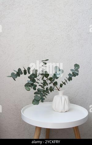 Frischer grüner Eukalyptus in der weißen Vase auf dem weißen Holztisch Stockfoto
