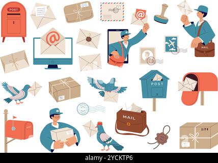 Post-Service. Brieftaubenpostmann-Artikel Online-Verbindungsumschlag aktuelle Vektor-Sammlung Illustrationen Stock Vektor