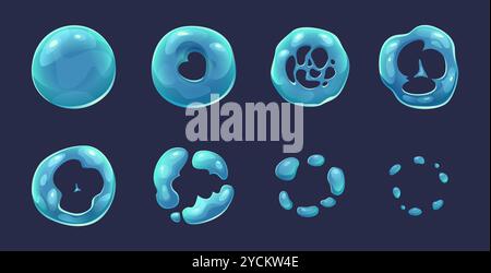 Blasenanimation. Schlüsselrahmen der Seifenblasen-Explosion exakter Vektor 2D-Spiel-Asset Stock Vektor
