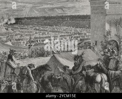 Geschichte Frankreichs. Fête de la Fédération (Festival der Föderation). Gedenkfeier zum ersten Jahrestag des Sturms auf die Bastille, Symbol des Beginns der Französischen Revolution. Paris, Champ de Mars, 14. Juli 1790. Zeichnung von Hippolyte de la Charlerie. Gravur von Jonnard. "Geschichte der Französischen Revolution". Band I, 1876. Stockfoto