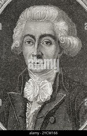 Louis-Michel Lepeletier (Louis-Michel Lepeletier de Saint-Fargeau) (1760-1793), Marquis von Saint-Fargeau. Französischer Jurist und Politiker. Am 16. Mai 1789 wurde er 1789 zum Abgeordneten des Adels von Paris in die Generalstände gewählt. In der Nationalversammlung setzte Lepeletier die Abschaffung der Todesstrafe, die Galeeresurkunde und das Branding mit einem heißen Eisen ein. Am 21. Juni 1790 wurde er zum Präsidenten der konstituierenden Versammlung ernannt. Hochformat. Gravur. "Geschichte der Französischen Revolution". Band I, 1876. Stockfoto