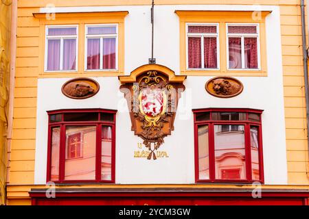 Die Fassade des Hauses U Bílého lva ist die Hausnummer 555 in der Prager Altstadt, an der Celetná-Straße. Es ist als Kulturdenkmal der Tschechischen Re geschützt Stockfoto