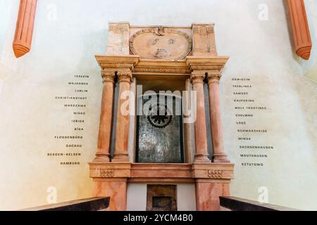 Toraarche und Namen der Konzentrationslager. Die Pinkas-Synagoge ist die zweitälteste erhaltene Synagoge in Prag und erinnert an etwa 80.000 Czec Stockfoto