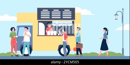 Warteschlange zum Coffee Truck. Menschen essen und trinken Kaffee Tee heiße Getränke. Frühstück oder Mittagessen, Café im Freien auf Rädern, Vektorszene Stock Vektor