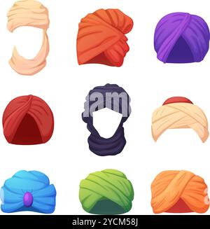 Arabisches Turban-Set. Orientalische traditionelle Tuchelemente, indische arabische Kultur-Dressing. Ethnische Hüte, indischer Kopfschmuck heute Vektor-Clipart Stock Vektor