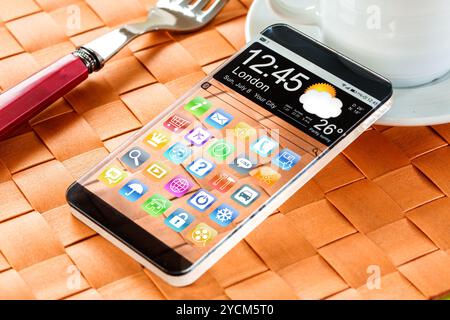 Futuristische Smartphone (Phablet) mit einem transparenten Display. Tatsächliche zukünftige innovative Konzeptideen und besten Technologien Menschlichkeit. Stockfoto