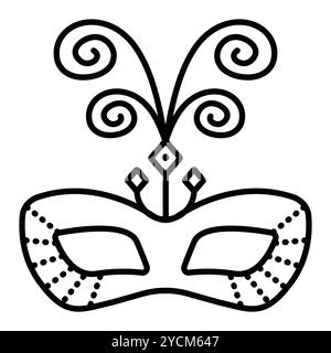 Festliche Augen Maskerade Maske mit Federn, Spiralen, Vektor-schwarze Linie Illustration, editierbarer Strich Stock Vektor
