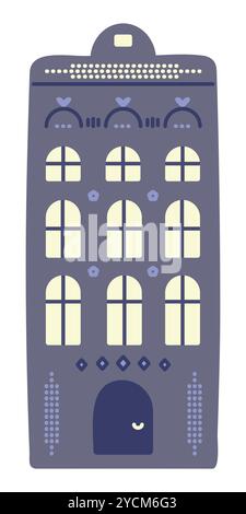 Niederländische Architektur, einmaliges blaues Kanalhaus im Amsterdamer Stil. Hohes niederländisches Gebäude mit vielen Fenstern und Licht in ihnen, Preppy Doodle, Vektor Co Stock Vektor