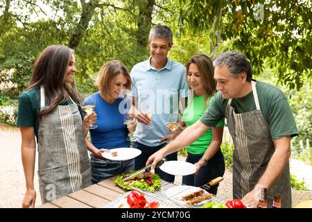 Gruppe von Freunden, die tagsüber ein Barbecue-Essen in einem Garten genießen Stockfoto
