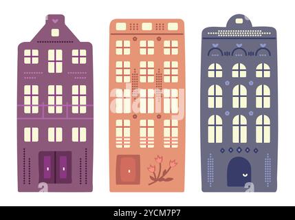 Niederländische Architektur, drei Grachtenhäuser im Amsterdamer Stil. Set von niedlichen bunten niederländischen Gebäuden, Preppy Doodle, Vektor-Illustration, Autor's int Stock Vektor