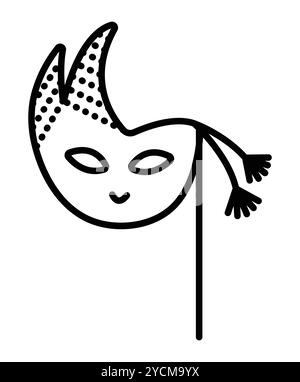 Maskerade Maske mit Pompons und Stock, Vektor-schwarze Linie Illustration Stock Vektor