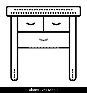 Nachttisch, Kommode Schreibtisch mit langen Beinen und drei Schubladen, Vorderansicht, einzelne Vektor-schwarze Linie Illustration, umrissenes monochromes Zeichen Stock Vektor