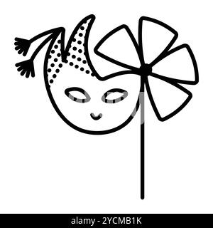 Festliche japanische Maskerade-Maske mit Stock, Schirm und Pompons, Karnevalsillustration mit schwarzer Linie Stock Vektor