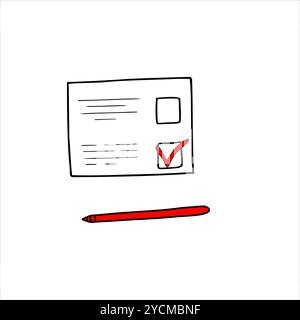 Papierbogen mit rotem Häkchen und Markierungsvektorskizze in Schwarzweiß-Grafik. Checkliste durchführen oder handgezeichnete Illustration planen. Stock Vektor