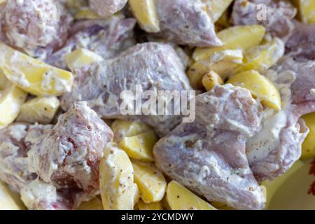 Hühnerscheiben werden vor dem Kochen mit Kartoffeln mariniert, Nahaufnahme im Vollformat Stockfoto