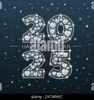 Nummer 2025 Neujahr und Weihnachten. Aus glitzernden, luxuriösen Edelsteinen - Diamanten. Festliches Banner mit Glitzer. Realistischer Stil. Blauer Hintergrund Stock Vektor