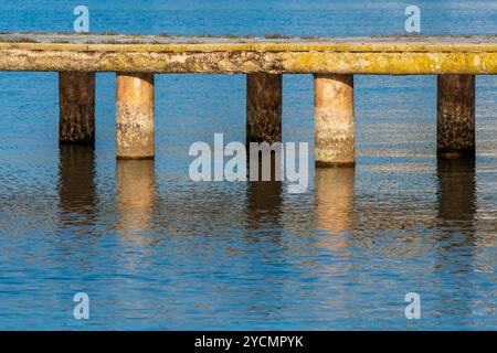 Reflexionen im Gleichgewicht: Betonsäulen des Ohrid Lake Pier in Licht und Schatten Stockfoto