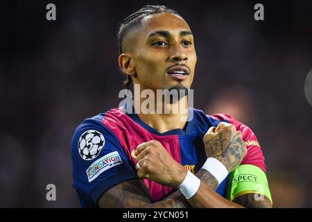 Barcelona, Barcelona, Spanien. Oktober 2024. Raphael DIAS BELLOLI (Raphinha) aus Barcelona feiert sein Tor beim Spiel der UEFA Champions League, League Phase MD3 zwischen FC Barcelona und FC Bayern München am 23. Oktober 2024 in Barcelona. (Kreditbild: © Matthieu Mirville/ZUMA Press Wire) NUR REDAKTIONELLE VERWENDUNG! Nicht für kommerzielle ZWECKE! Stockfoto