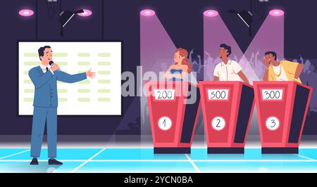 Quiz-Show. Leute konkurrieren TV-Spielspieler, Mann und Frau stehen auf Stand mit Knöpfen beantworten Fragen tv Moderator, Smart gelehrte Wettbewerb Vektor Illustration Original Kunstwerk Stock Vektor