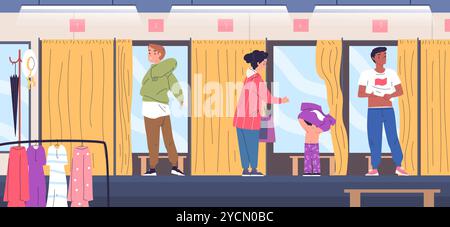 Modische Ankleideräume. Die Leute wählen und versuchen Kleidung Spiegel in der Verkleidung Kabine Vorhänge Kleidung Shop Mall Store Innenraum, neue trendige Kleidung Shopping, klassische Vektor Illustration Original Kunstwerk Stock Vektor