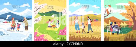 Four Seasons Walk. Familie Paar Spaziergang Stadtpark Natur andere Jahreszeit, Frühling Herbst Winter Sommer saisonale Wetter Landschaft Plakate Urlaub Zeit Klasse Vektor Illustration Original Kunstwerk Stock Vektor