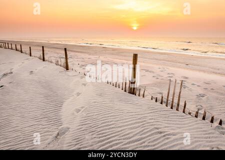 Sonnenaufgang über dem Atlantik mit Zaun auf Sanddünen in Assateague Island National Seashore, Maryland Stockfoto