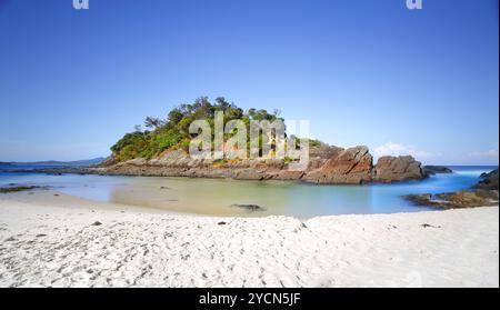 Die kleine Insel am südlichen Ende von Number One Beach, Seal Rocks, Myall Lakes National Park, Great Lakes, NSW Australien. Die Insel ist umgeben Stockfoto