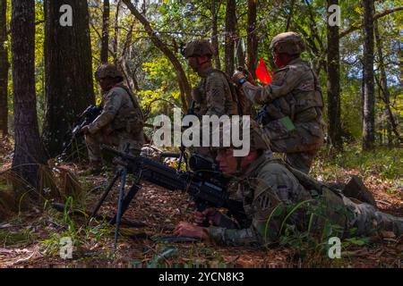 Soldaten der US-Armee, die dem 9. Infanterie-Bataillon, dem 2. Panzerbrigade Combat Team, der 3. Infanterie-Division zugewiesen sind, errichten einen Umkreis, bevor sie ihre Mission in Fort Stewart, Georgia, am 18. Oktober 2024 beginnen. Das 2. Panzerbrigade-Kampfteam „Spartans“ der 3. Infanterie-Division wird Spartan Density durchführen, eine monatelange Reihe umfassender Trainingsereignisse, die darauf abzielen, die Kampfbereitschaft in mehreren Bereichen zu verbessern. (Foto der US-Armee von Sgt Anthony Ford) Stockfoto