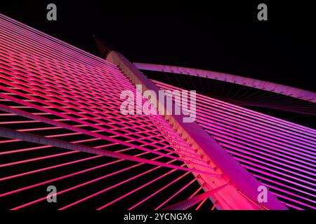 Diese fesselnde Fotoserie zeigt eine atemberaubende moderne Brücke, die mit einer lebendigen Lichtanzeige beleuchtet wird. Stockfoto