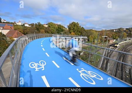 23. Oktober 2024, Baden-Württemberg, Tübingen: Ein Radfahrer überquert die Westradbrücke in Tübingen (Wischeffekt durch Langlebigkeit). Die neue Brücke ist rund vier Meter breit, rund 365 Meter lang einschließlich der Rampen und zehn Meter hoch an ihrem höchsten Punkt. Die Fahrbahn wird im Winter beheizt, so dass kein Salz ausgebracht werden muss. Foto: Bernd Weißbrod/dpa Stockfoto