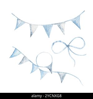 Set mit Bunting Party Flags und Schleife. Hand gezeichnete Aquarellillustration der blauen Geburtstagsdekoration im Vintage-Stil isoliert auf einem weißen Hintergrund Stockfoto