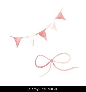 Set mit Partyflaggen und Schleife. Hand gezeichnete Aquarellillustration des rosa Geburtstagsdekors im Vintage-Stil isoliert auf einem weißen Hintergrund. Designelemente Stockfoto