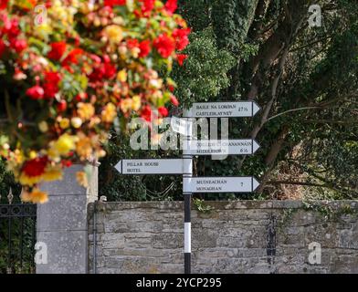 Wegweiser Glaslough Village County Monaghan Lokale Wegweiser in Irland, auf Irisch und Englisch. Stockfoto