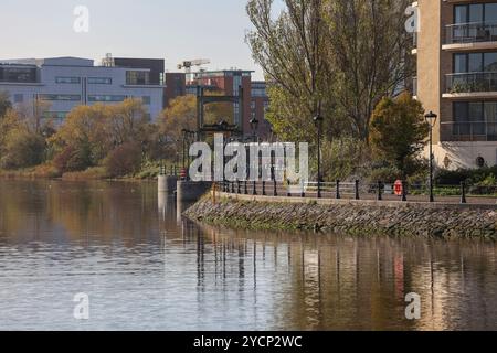 Im Herbst von Belfast spazieren Sie entlang des Flusses Lagan im St. Georges Harbour Maysfield Mays Meadows Belfast Stockfoto