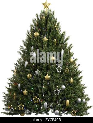 Großer Weihnachtsbaum mit verschiedenen Dekorationen Stockfoto