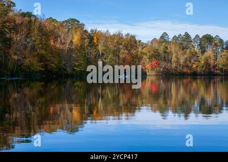 Forellenfischen in einem Solo-Kanu auf einem ruhigen See im Norden von Minnesota an einem wunderschönen Herbsttag Stockfoto