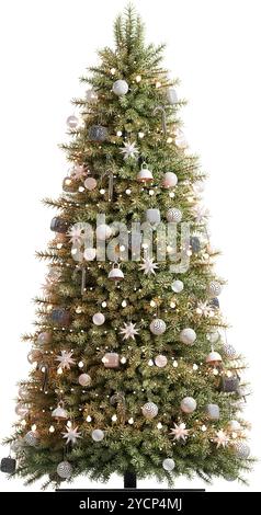 Großer Weihnachtsbaum mit verschiedenen Dekorationen Stockfoto