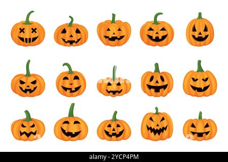 Vector Cartoon Pumpkins Kollektion mit geschnitzten Gesichtern. Flaches Set Mit Bunten Kürbis-Stickern. Designvorlagen für Halloween, Herbst, Ernte. Süß und lustig Stock Vektor