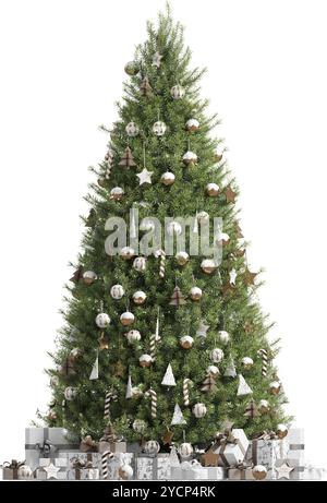Großer Weihnachtsbaum mit verschiedenen Dekorationen Stockfoto