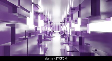 Ein futuristischer Korridor mit abstrakten geometrischen Formen in Purpurtönen. Der Raum wird mit sanfter Beleuchtung beleuchtet, was einen eleganten und modernen geldautomaten schafft Stockfoto
