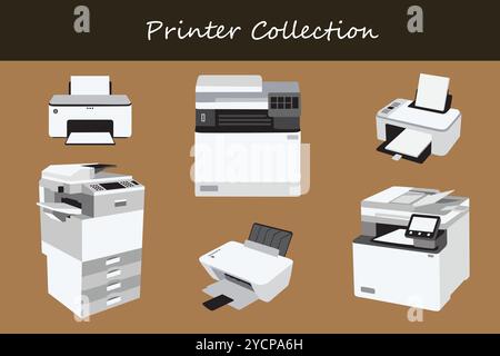 Druckersammlung in verschiedenen Positionen. Vektorabbildung. Stock Vektor